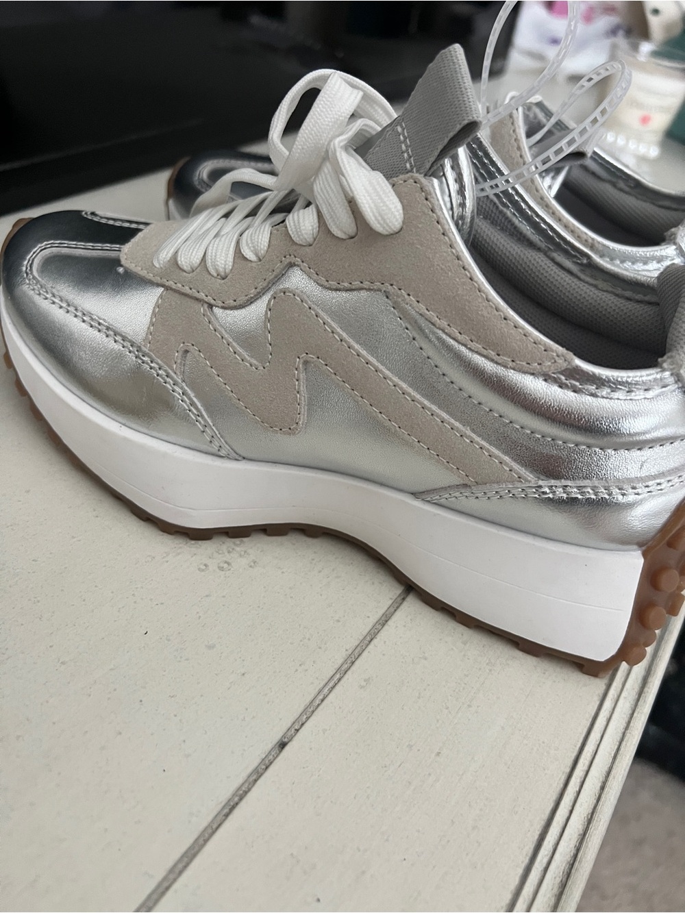 Steve Madden Metallic Silver & Cream Platform Sneakers with Gum Tread - Picture 10 of 12